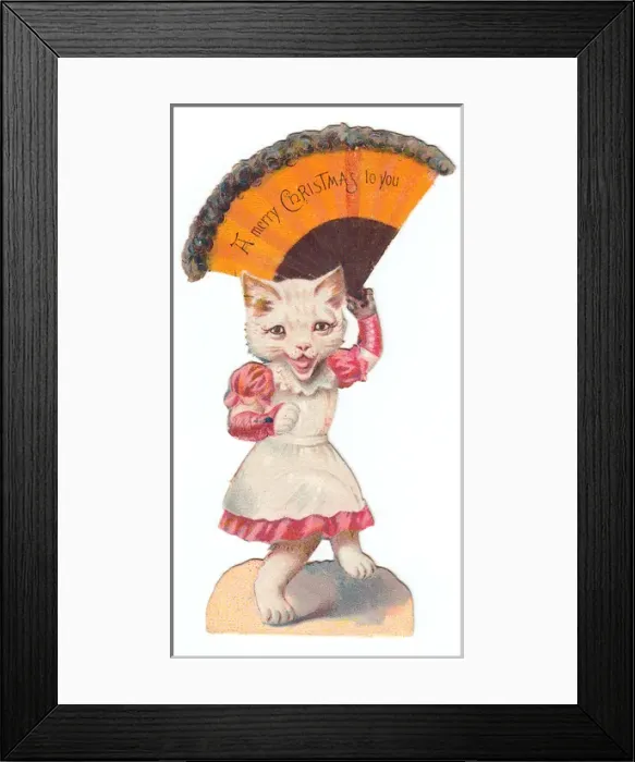 Framed Print : White cat with a fan on a cutout Christmas card Framed Print : White cat with a fan on a cutout Christmas card