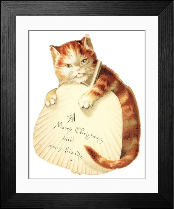 Framed Print : Ginger cat with a fan on a cutout Christmas card Framed Print : Ginger cat with a fan on a cutout Christmas card
