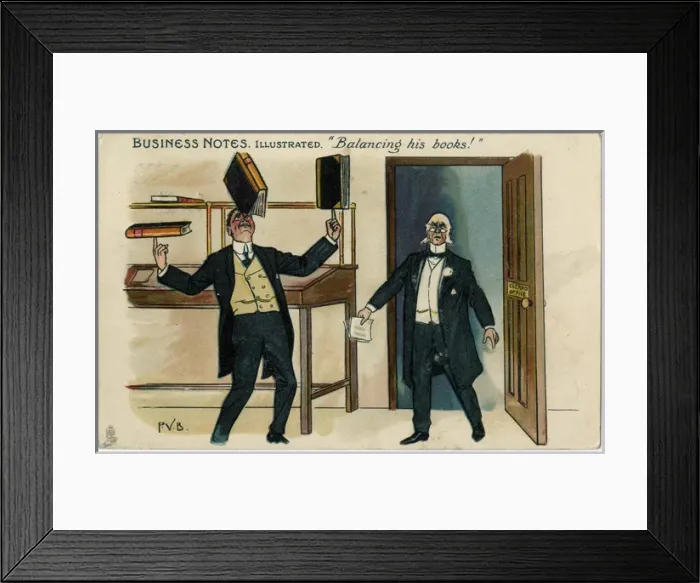 Framed Print : Business Notes Illustrated - Balancing his Books Framed Print : Business Notes Illustrated - Balancing his Books