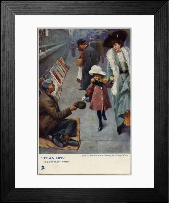 Framed Print : Girl puts a penny in the cap of a Pavement Artist, London Framed Print : Girl puts a penny in the cap of a Pavement Artist, London