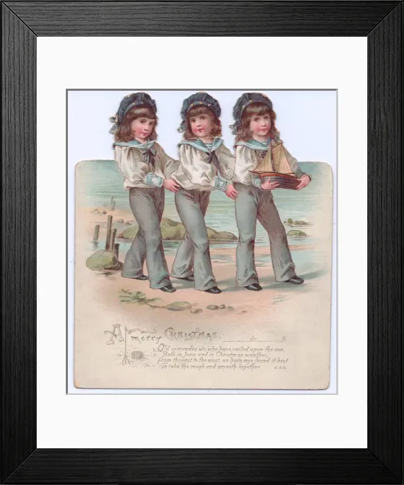 Framed Print : Three boys in sailor suits on a cutout Christmas card Framed Print : Three boys in sailor suits on a cutout Christmas card