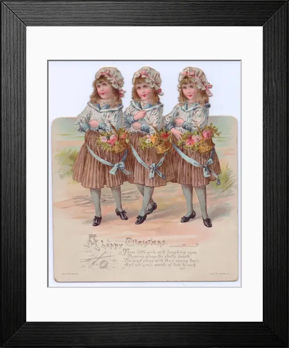 Framed Print : Three girls with flowers on a cutout Christmas card Framed Print : Three girls with flowers on a cutout Christmas card