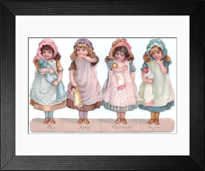 Framed Print : Four girls with dolls on a cutout Christmas card Framed Print : Four girls with dolls on a cutout Christmas card