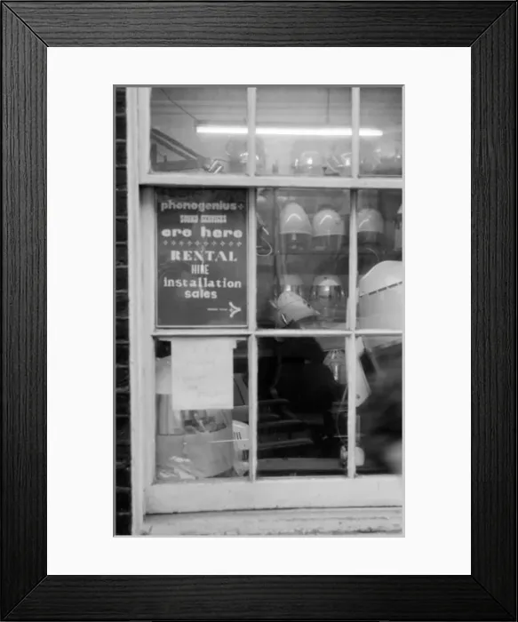 Framed Print : Soho, London - window display, salon hairdryers Framed Print : Soho, London - window display, salon hairdryers