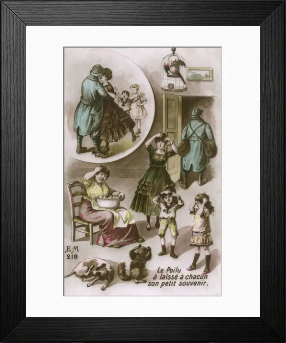 Framed Print : French soldier returns home from the front bearing fleas Framed Print : French soldier returns home from the front bearing fleas