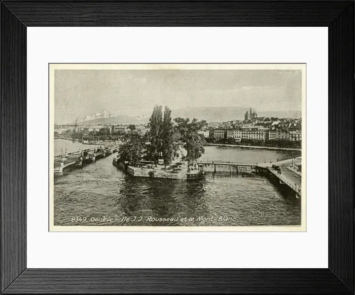 Framed Print : Geneva, Switzerland - Ile J J Rousseau and Mont Blanc Framed Print : Geneva, Switzerland - Ile J J Rousseau and Mont Blanc