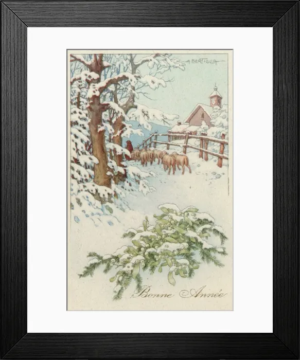 Framed Print : Christmas Greetings postcard depicting a snowy winter scene Framed Print : Christmas Greetings postcard depicting a snowy winter scene
