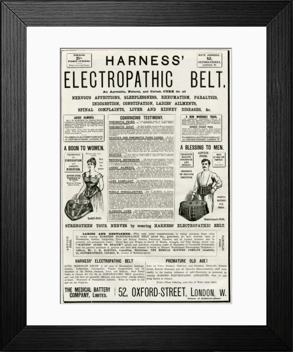 Framed Print : Advert for Harness electropathic corset belts 1887 Framed Print : Advert for Harness electropathic corset belts 1887