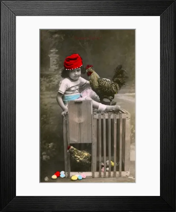 Framed Print : Easter Greetings Postcard featuring child and chickens Framed Print : Easter Greetings Postcard featuring child and chickens