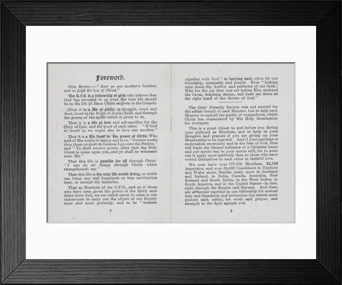 Framed Print : Girls Friendly Society (GFS) Membership Book pages 2-3 Framed Print : Girls Friendly Society (GFS) Membership Book pages 2-3