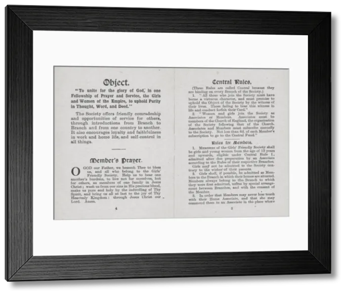 Framed Print : Girls Friendly Society (GFS) Membership Book pages 4-5 Framed Print : Girls Friendly Society (GFS) Membership Book pages 4-5