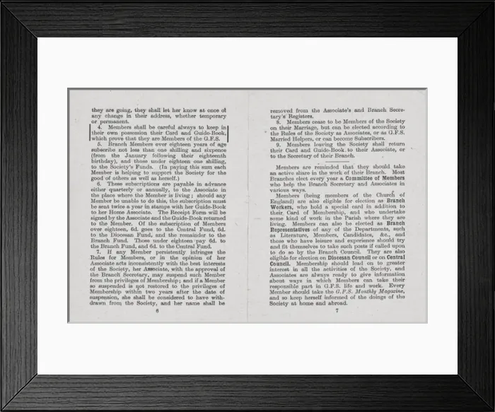 Framed Print : Girls Friendly Society (GFS) Membership Book pages 6-7 Framed Print : Girls Friendly Society (GFS) Membership Book pages 6-7