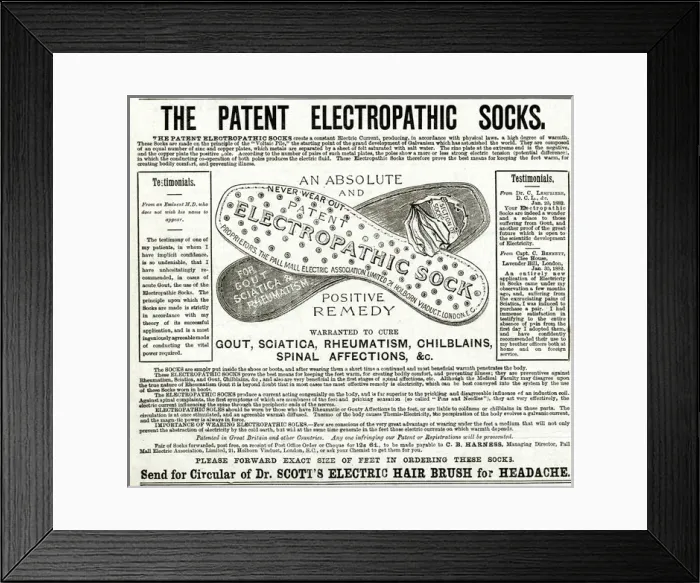 Framed Print : Advert for Patent Electropathic socks 1882 Framed Print : Advert for Patent Electropathic socks 1882