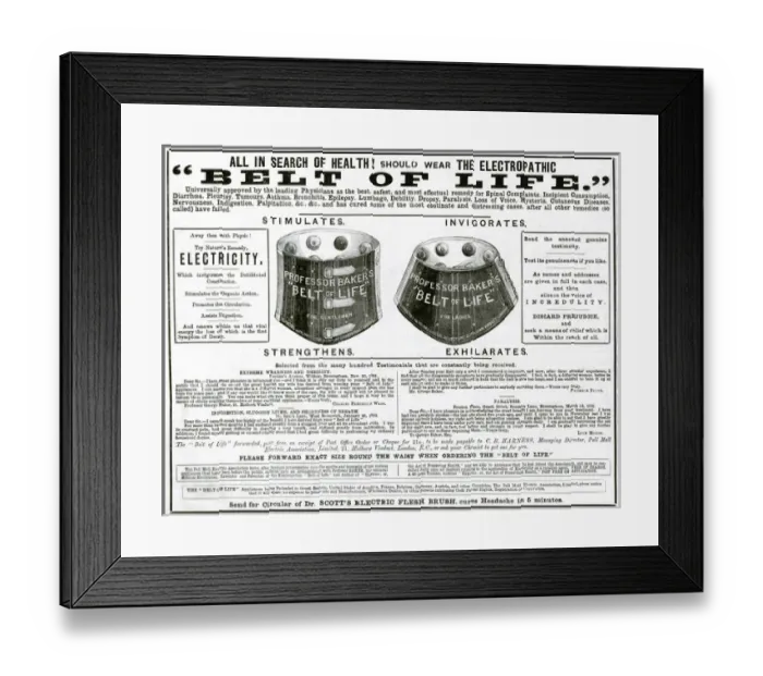 Framed Print : Advert for Electropathic Belt of Life 1882