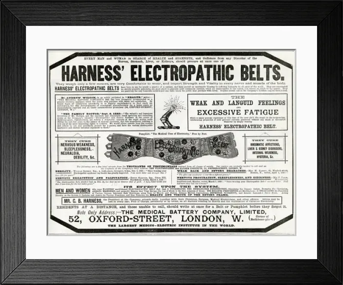 Framed Print : Advert for Harness Electropathic Corset Belts 1889 Framed Print : Advert for Harness Electropathic Corset Belts 1889
