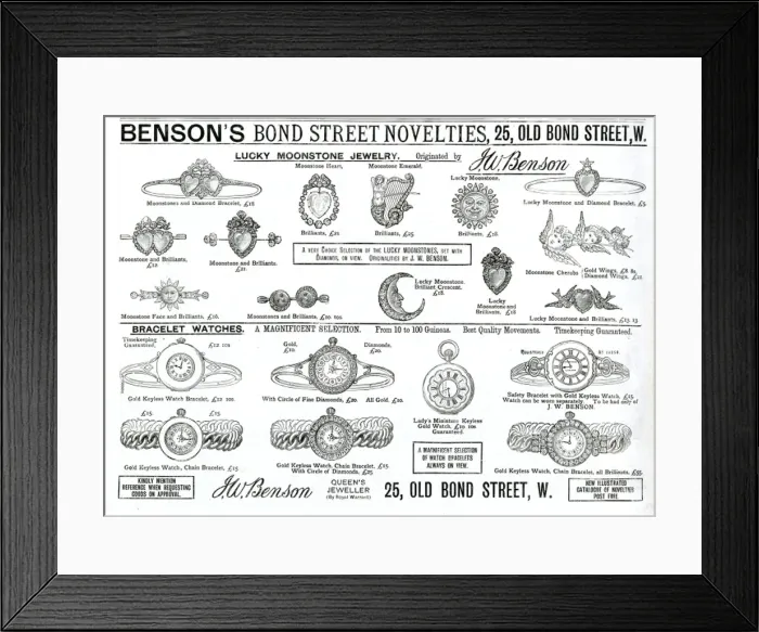 Framed Print : Advert for Bensons jewellery and bracelet watches 1889 Framed Print : Advert for Bensons jewellery and bracelet watches 1889
