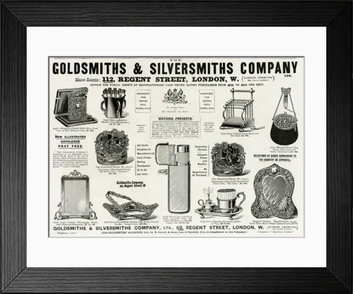 Framed Print : Advert for Goldsmiths & Silversmiths Edwardian items 1901 Framed Print : Advert for Goldsmiths & Silversmiths Edwardian items 1901