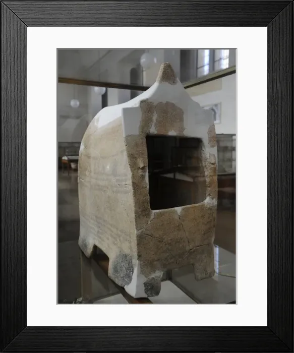 Framed Print : Clay ossuary. Haderah. In form of a house, used for secondar Framed Print : Clay ossuary. Haderah. In form of a house, used for secondar