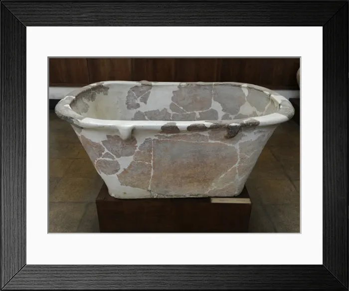 Framed Print : Pottery bath with four loop handles used probably as a coffi Framed Print : Pottery bath with four loop handles used probably as a coffi