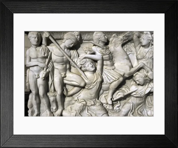 Framed Print : Sarcophagus. Marble. Tel Mevorah. Battle between Amazons