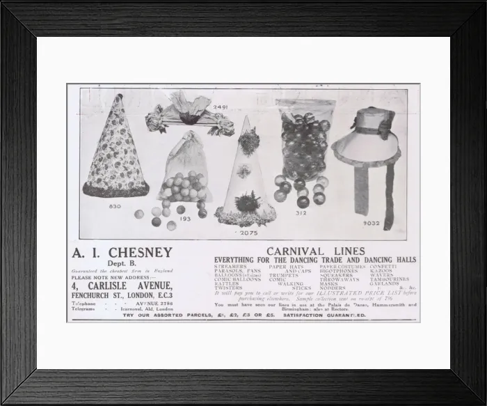 Framed Print : Advert for carnival lines by A. I. Chesney of London, 1921 Framed Print : Advert for carnival lines by A. I. Chesney of London, 1921