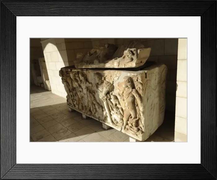 Framed Print : Sarcophagus, marble. Tel Turmus. Roman period. 3rd century A Framed Print : Sarcophagus, marble. Tel Turmus. Roman period. 3rd century A