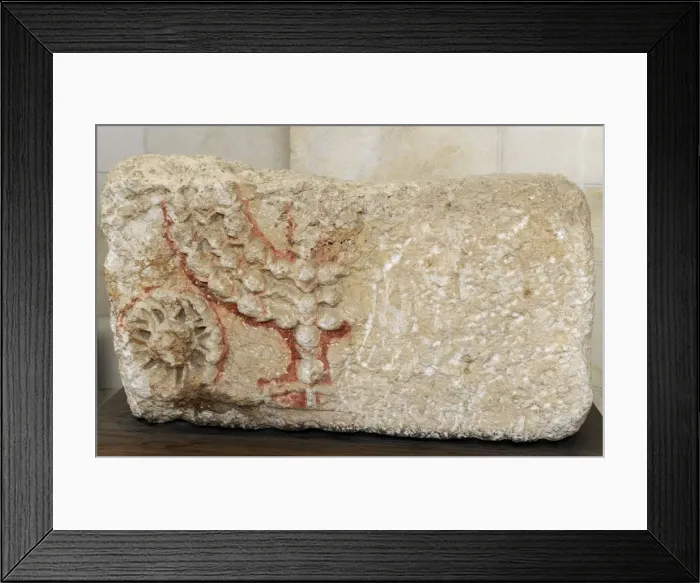 Framed Print : Stone lintels decorated with Seven-Branched Menorah - Eshtem Framed Print : Stone lintels decorated with Seven-Branched Menorah - Eshtem