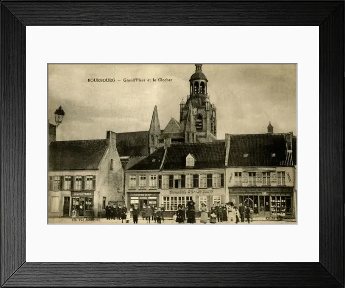 Framed Print : Bourbourg, France - Grand Place and church steeple Framed Print : Bourbourg, France - Grand Place and church steeple