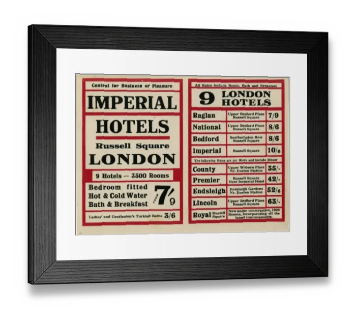 Framed Print : Promotional Flyer for Imperial Hotels, London Framed Print : Promotional Flyer for Imperial Hotels, London