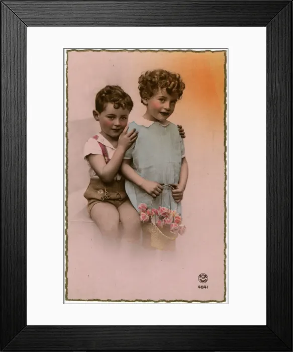 Framed Print : Two Eastern French Children - one holding a floral basket Framed Print : Two Eastern French Children - one holding a floral basket