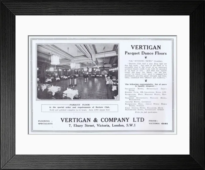 Framed Print : Ad for Vertigan Pacquet Dance Floors, showing floor of Recto Framed Print : Ad for Vertigan Pacquet Dance Floors, showing floor of Recto
