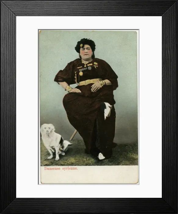 Framed Print : Formidable Syrian Dancer with pet white dog Framed Print : Formidable Syrian Dancer with pet white dog