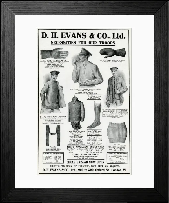 Framed Print : Advert for D H Evans necessities for soldiers and sailors Framed Print : Advert for D H Evans necessities for soldiers and sailors