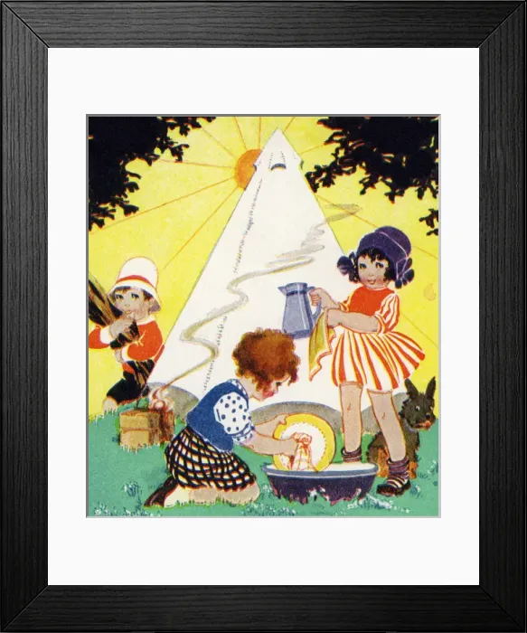 Framed Print : Camping. Children and their dog out camping. Date: circa 1935 Framed Print : Camping. Children and their dog out camping. Date: circa 1935