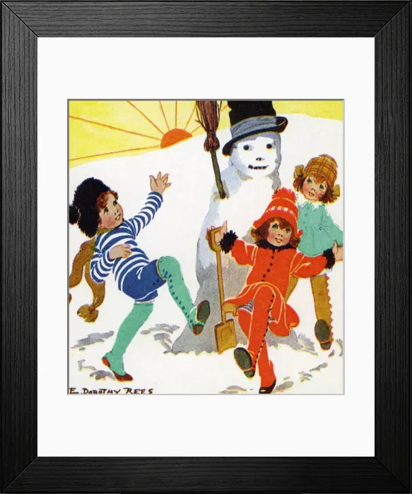 Framed Print : Snowman. Children dancing around a snowman. Date: circa 1935 Framed Print : Snowman. Children dancing around a snowman. Date: circa 1935
