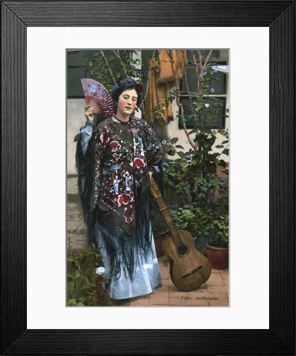 Framed Print : Spain - Andalucian Lady with guitar and fan - Japanese shawl Framed Print : Spain - Andalucian Lady with guitar and fan - Japanese shawl