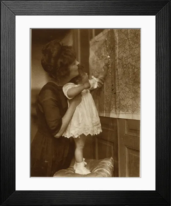 Framed Print : Mother and daughter with map, Bonjour Papa! WW1 Framed Print : Mother and daughter with map, Bonjour Papa! WW1