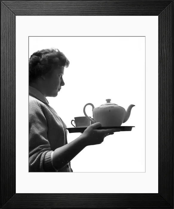 Framed Print : Office tea lady with teapot and cups on a tea tray Framed Print : Office tea lady with teapot and cups on a tea tray