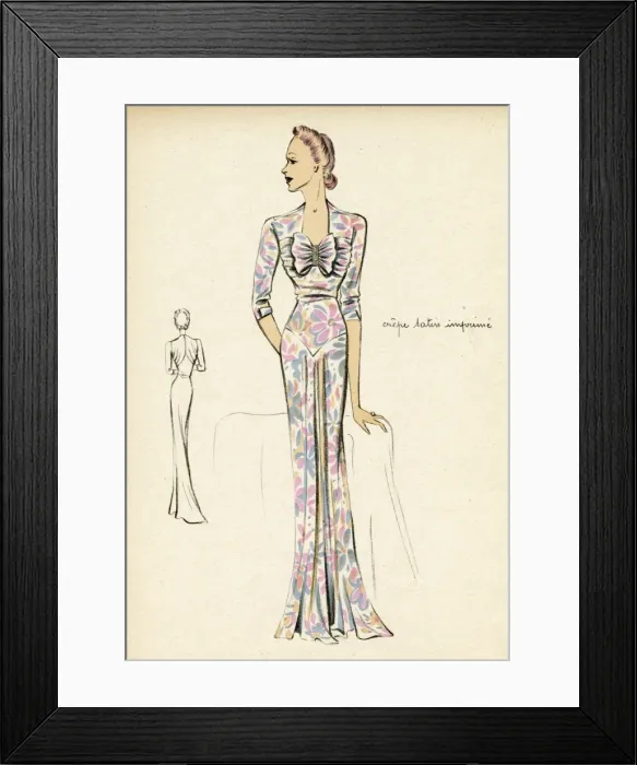 Framed Print : Woman wearing floral evening dress 1938 Framed Print : Woman wearing floral evening dress 1938