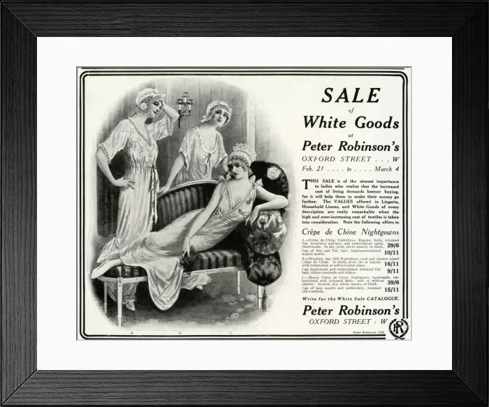 Framed Print : Advert for Peter Robinsons nightdresses 1916 Framed Print : Advert for Peter Robinsons nightdresses 1916