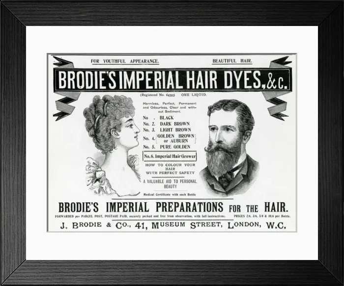 Framed Print : Advert for Brodies Imperial Hair Dyes 1898 Framed Print : Advert for Brodies Imperial Hair Dyes 1898