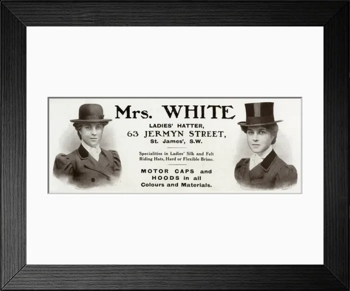 Framed Print : Advert for Mrs. White specialities riding hats 1909 Framed Print : Advert for Mrs. White specialities riding hats 1909