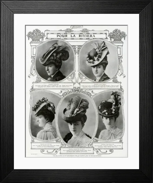 Framed Print : French woman wearing cartwheel hats for the Riviera 1906 Framed Print : French woman wearing cartwheel hats for the Riviera 1906