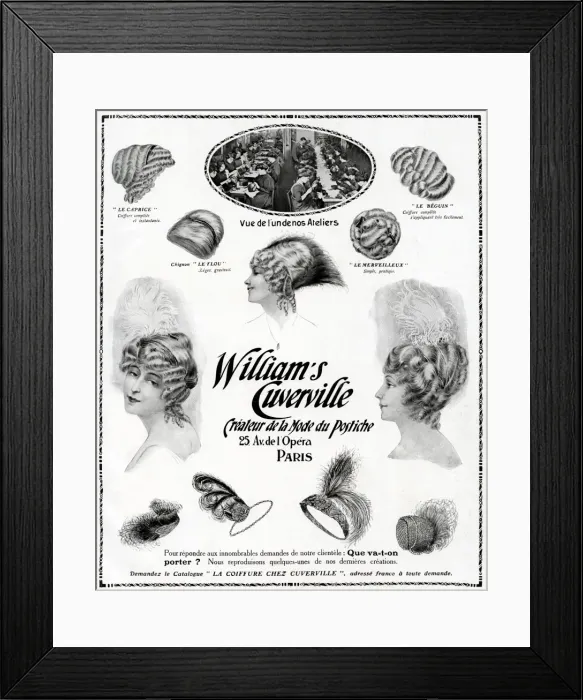 Framed Print : Advert for William Cuverville wigs & decorative bands 1912 Framed Print : Advert for William Cuverville wigs & decorative bands 1912