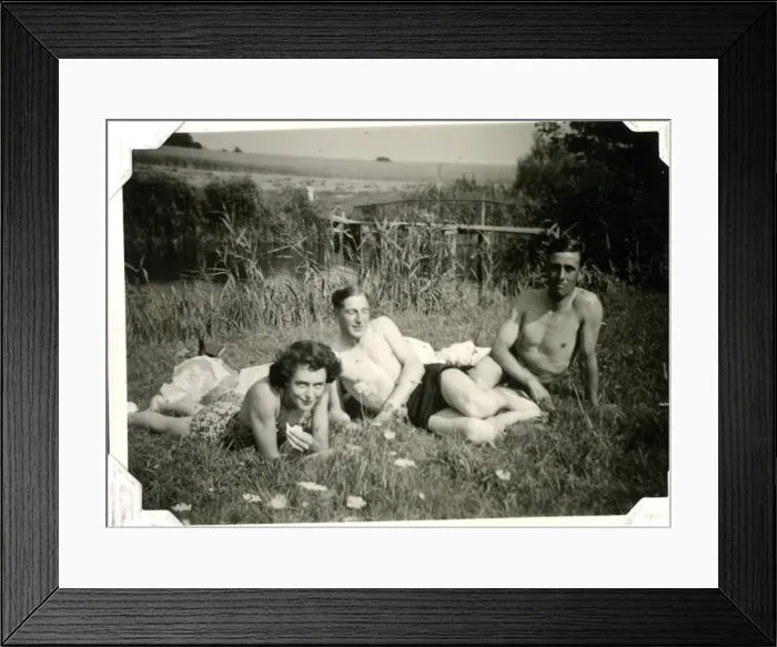 Framed Print : Three people relaxing, Lessingen, Germany, WW2 Framed Print : Three people relaxing, Lessingen, Germany, WW2