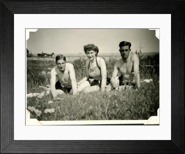 Framed Print : Three people relaxing, Lessingen, Germany, WW2 Framed Print : Three people relaxing, Lessingen, Germany, WW2