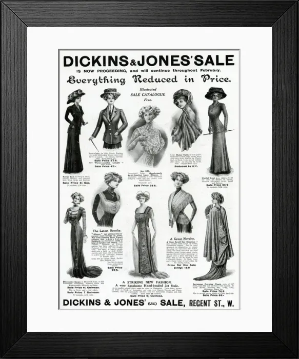 Framed Print : Advert for Dickins & Jones clothing winter sale 1909 Framed Print : Advert for Dickins & Jones clothing winter sale 1909