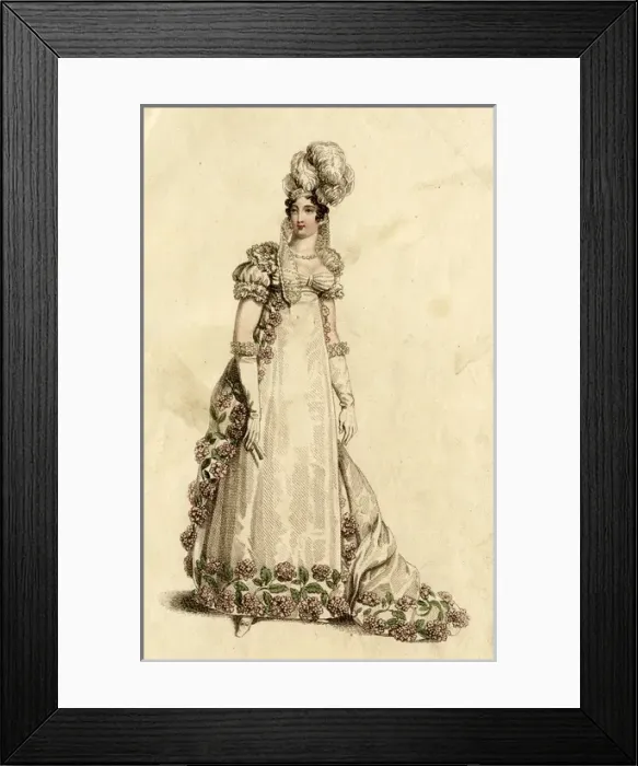 Framed Print : Woman in a white dress trimmed with flowers Framed Print : Woman in a white dress trimmed with flowers