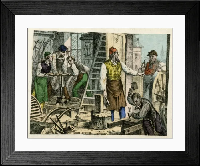 Framed Print : Busy scene in a wheelwrights workshop Framed Print : Busy scene in a wheelwrights workshop