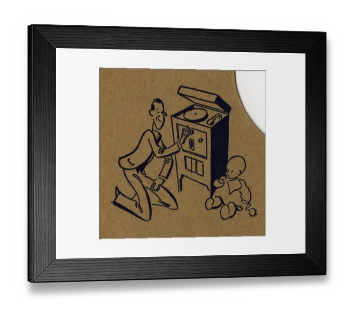 Framed Print : Man plays gramophone record for baby Framed Print : Man plays gramophone record for baby